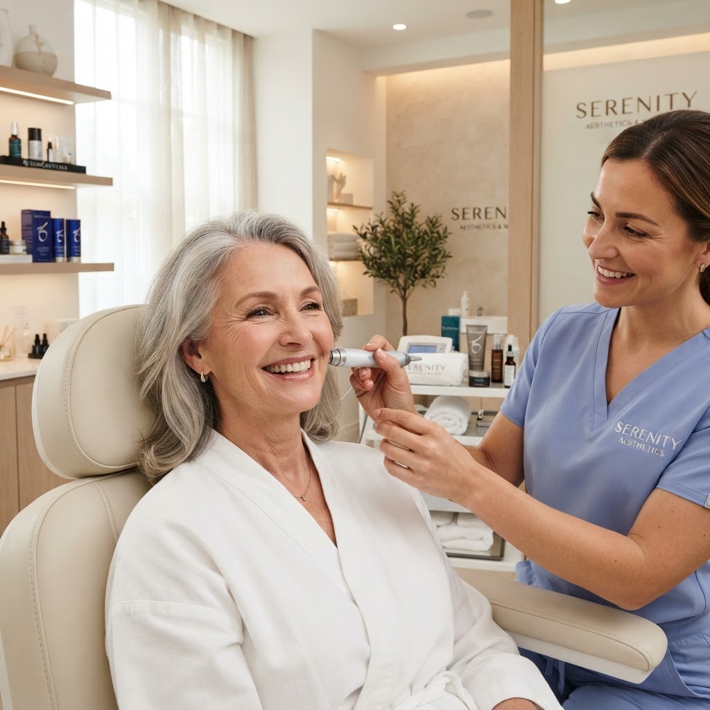 Clienta satisfecha y sonriente en clínica de medicina estética